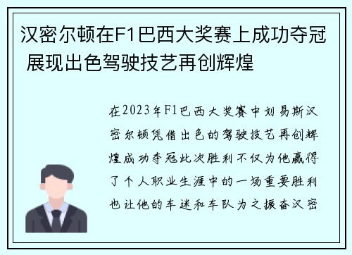 汉密尔顿在F1巴西大奖赛上成功夺冠 展现出色驾驶技艺再创辉煌