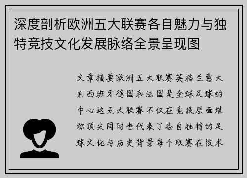 深度剖析欧洲五大联赛各自魅力与独特竞技文化发展脉络全景呈现图