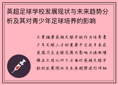 英超足球学校发展现状与未来趋势分析及其对青少年足球培养的影响 英超足球学校发展现状与未来趋势分析及其对青少年足球培养的影响