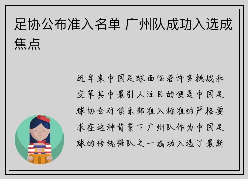 足协公布准入名单 广州队成功入选成焦点